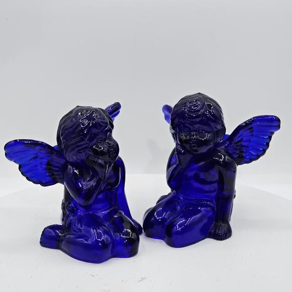 Vintage Cobalt Blue Glass Angel Candlestick Holders Angel on Knees Figurines - Picture 4 of 8